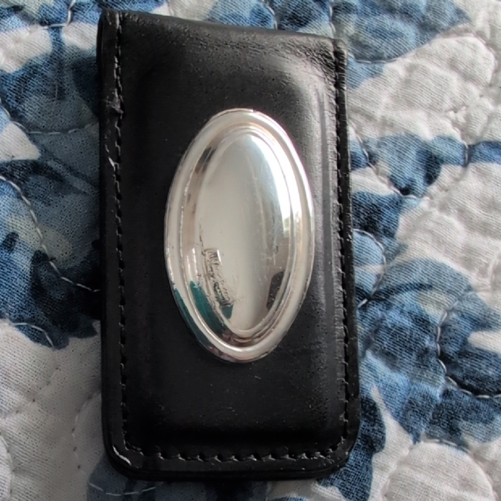 Black Leather Money Clip with Silver Accent